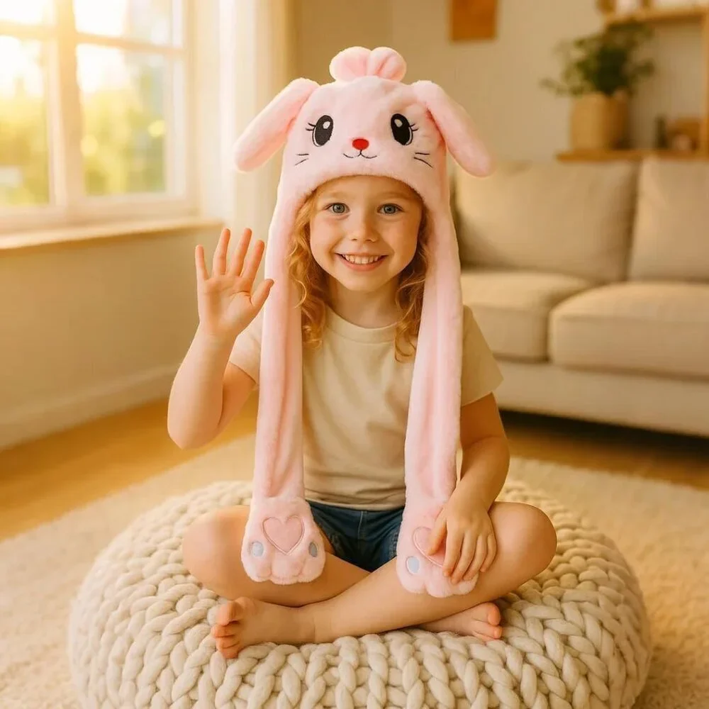 Kids Cat_pink Animal Hat with Ears Moving Jumping Pop Up Beating Plush Holiday